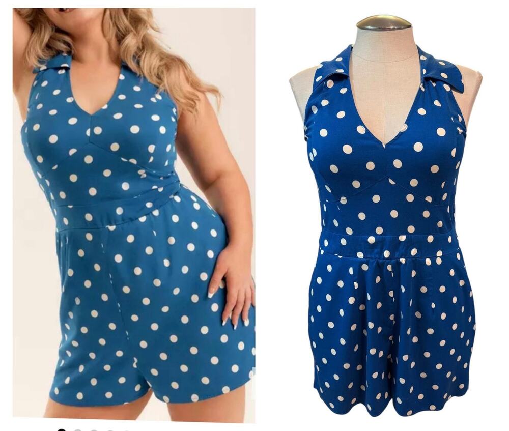 Torrid Size 20 Retro Chic Blue Polka Dot Challis One Piece Shorts Pin Up Romper